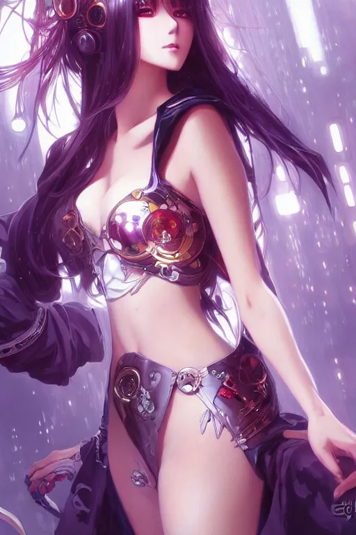 Image similar to ”beautiful anime woman, modern, cyberpunk, fantasy, magical, eerie, intricate, elegant, super highly detailed, professional digital painting, artstation, concept art, 8k, art by artgerm and alohonse mucha and eiichiro oda”