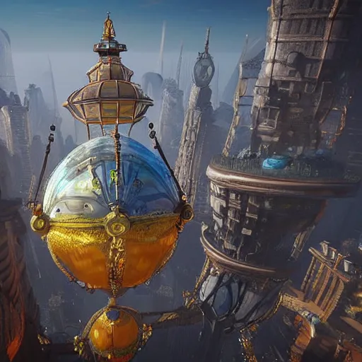 Image similar to enormous flying city in a faberge egg, sky, steampunk, fantasy art, masterpiece, unreal engine