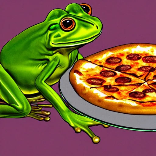 Prompt: artistic rendition of a bullfrog eating a pizza, trending, very award-winning, unmistakable, froggy