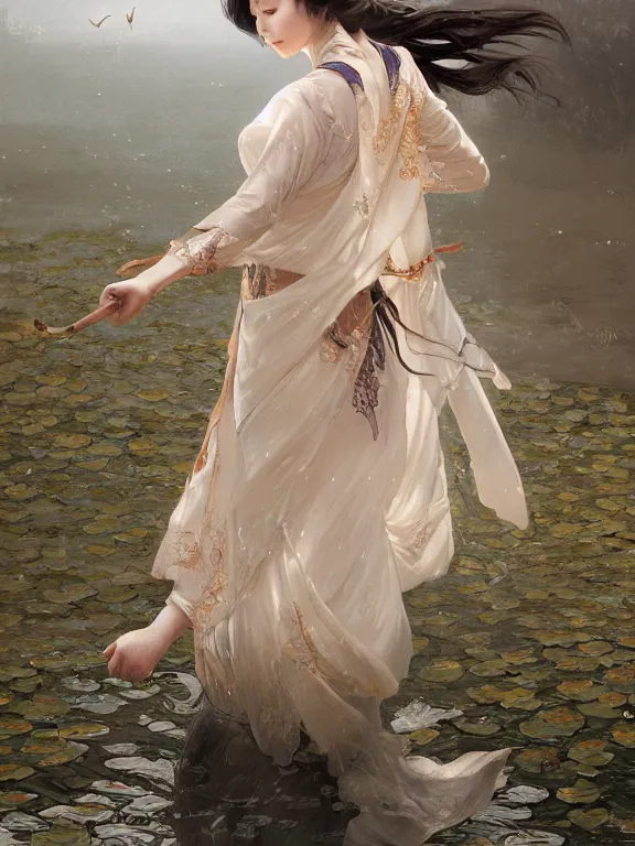 Image similar to portrait of a beautiful seductive slightly plump european girl wearing hanfu walking on water, farm background, fantasy, d & d, dark eyeliner, intricate, elegant, highly detailed, digital painting, artstation, concept art, matte, sharp focus, illustration, art by greg rutkowski and alphonse mucha