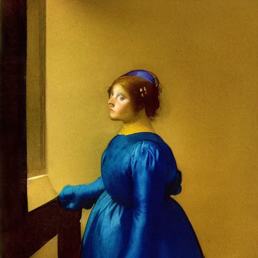 Prompt: a girl in a blue and gold haunted liminal room, film still by goya, colors by pontormo, lights by hopper, extreme detail, liminal aesthetic, background art nouveau,