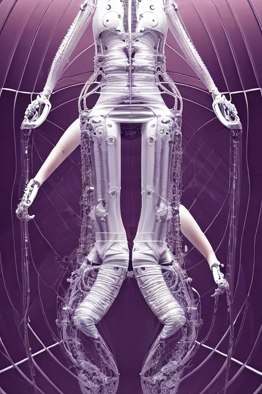 Image similar to background space station, baroque inflateble dress iris van herpen positing on floor, white helmet on face, perfect symmetrical, full body shot, inflateble shapes, wires, tubes, veins, jellyfish, white biomechanical details, wearing epic bionic implants, masterpiece, intricate, biopunk, vogue, highly detailed, artstation, concept art