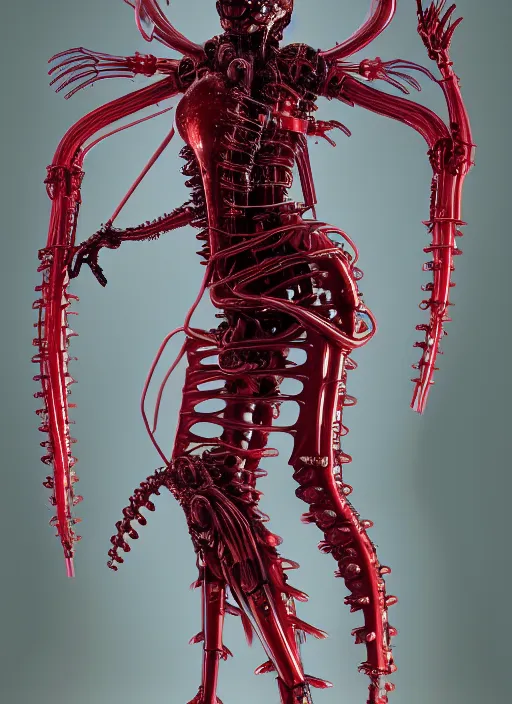 Prompt: gothic inflateble baroque puffy red dress, perfect symmetrical body, helmet on face, full body shot, alien, plant predator, guyver, giger, wires, tubes, veins, jellyfish, white biomechanical details, wearing epic bionic cyborg implants, masterpiece, intricate, biopunk, vogue, highly detailed, artstation, concept art