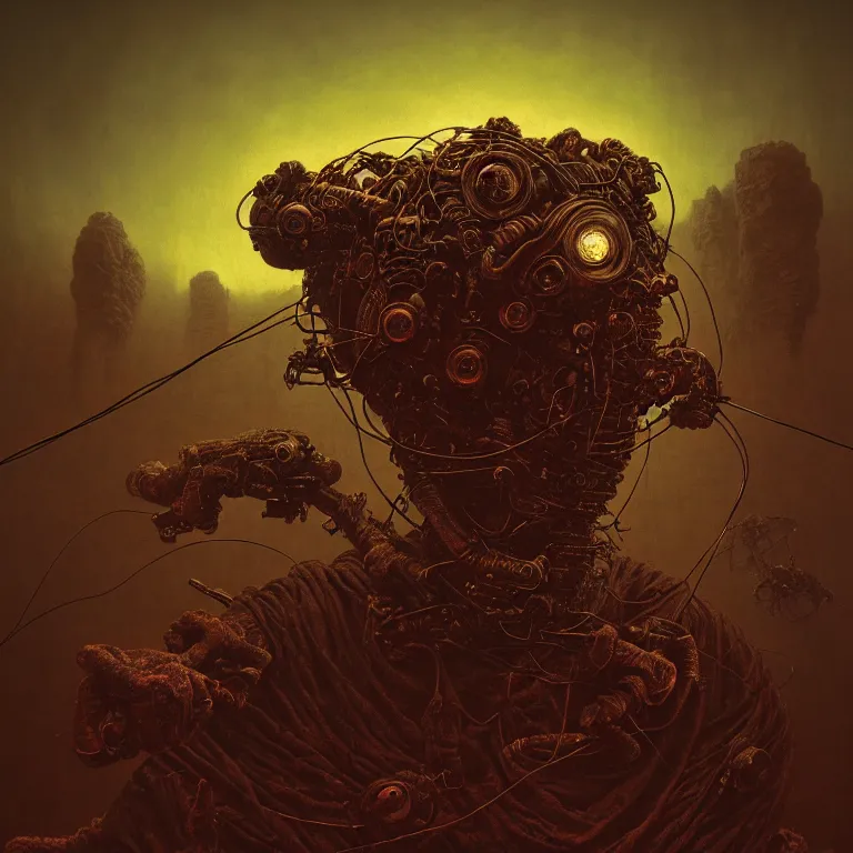 Prompt: doom motorbiker, covered with wires, by beksinski, psychedelic trippy visionary art, soft bloom lucid dream - like atmosphere, baroque painting, perfect composition, detailed octane render trending on artstation, 8 k artistic photography, volumetric cinematic perfect light, chiaroscuro, masterpiece, raphael, caravaggio, beksinski, rutkowski, beeple