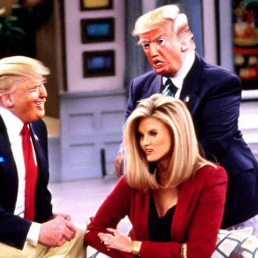 Image similar to donald trump has a guest role in friends, movie still, nineties, comedy, laughing