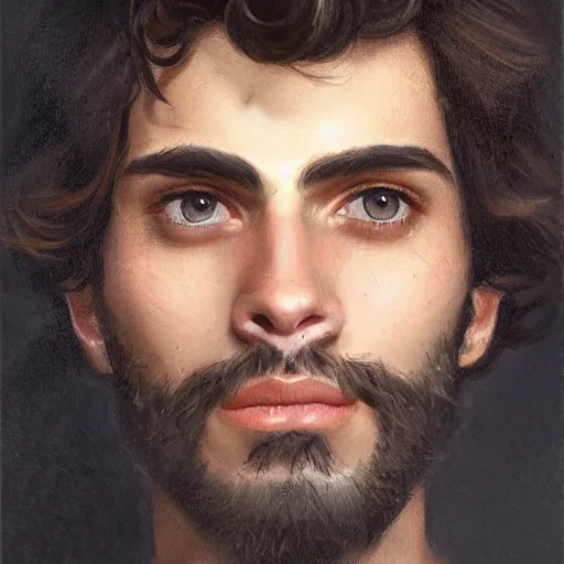 Image similar to portrait of a young italian male, dark shoulder length very curly hair, round nose, angular eyebrows, short patchy beard, closeup portrait, elegant, highly detailed, oil painting, artstation, concept art, matte, sharp focus, illustration, hearthstone, art by earl norem