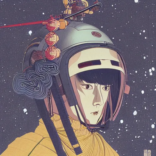 Prompt: a beautiful ukiyo painting of samurai in space futuristic helmet, wearing space techwear, detailed symmetrical close up portrait, intricate complexity, by takato yamamoto, wlop, krenz cushart, makoto shinkai, cinematic dramatic atmosphere, sharp focus