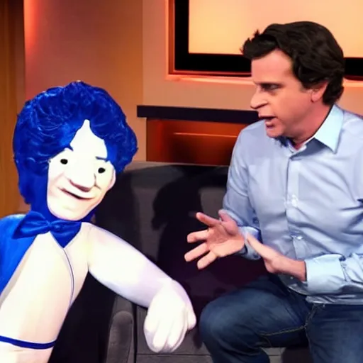 Image similar to a high quality photograph of Jimmy Dore inappropriately interacting with a blowup doll of Tucker Carlson on the set of Tucker Carlson tonight live on Fox News