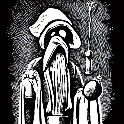 Image similar to plague doctor wearing a crown 1930 cartoon illustration black and white lineart detailed technical drawing