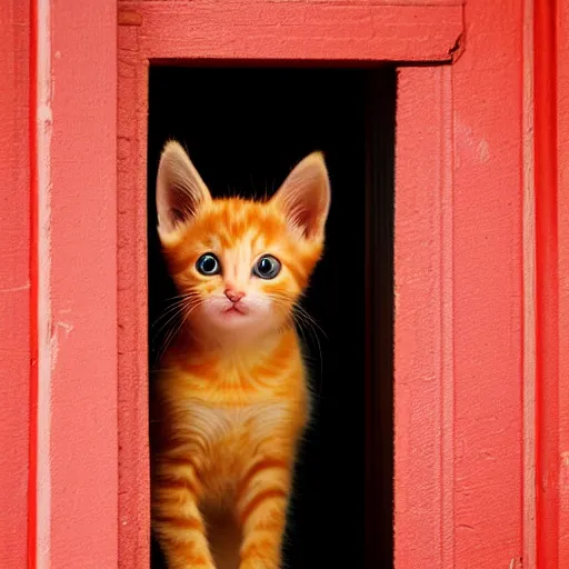 Prompt: orange kitten looking through a door from a dark room