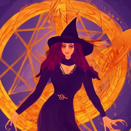 Image similar to a beautiful witch in golden clothes standing inside a pentagram, summoning a powerful demon, artstation, colorful, detailed, fantasy digital art, beautiful composition, masterpiece, artstation