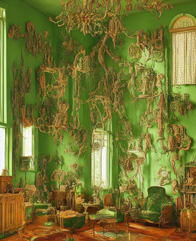 Prompt: room interior with furniture, green colors, designed by ernst haeckel, art forms in nature, afternoon light, intricate high details, sharp, ultradetailed