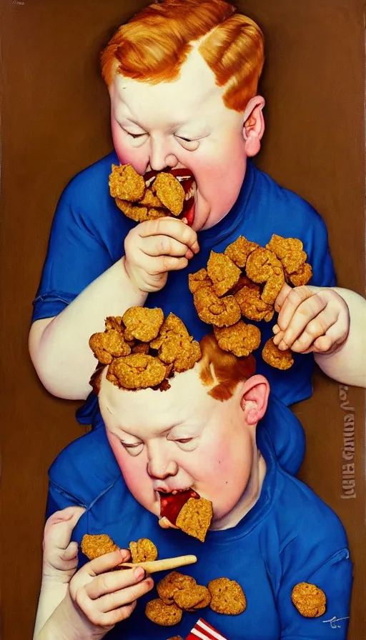 Image similar to painting of a stoned ginger hair chubby boy eating a delicious cholocate chunks cookies, buzz cut, america, norman rockwell