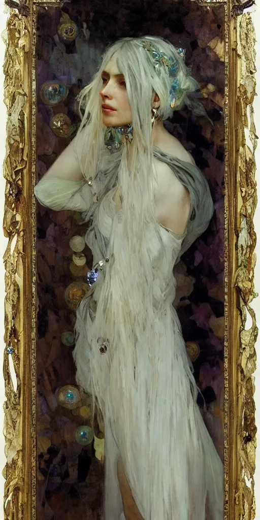 Prompt: a beautiful white haired woman, adorned with precious stones, by jeremy mann and alphonse mucha