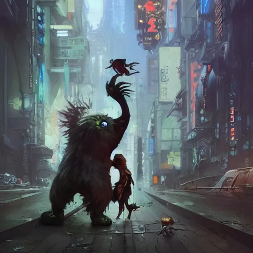 Image similar to crazy monsters, furry creatures, monster emotional monsters and creatures in the cyberpunk wrecked city, wrestling each other in the style of Johfra and Shaun Tan, By Ruan Jia and Artgerm and Range Murata and WLOP and Ross Tran and William-Adolphe Bouguereau and Beeple, Fantasy Illustration. octane render, award winning, Artstation, intricate details, realistic, Hyperdetailed, 8k resolution, deep rich colors.