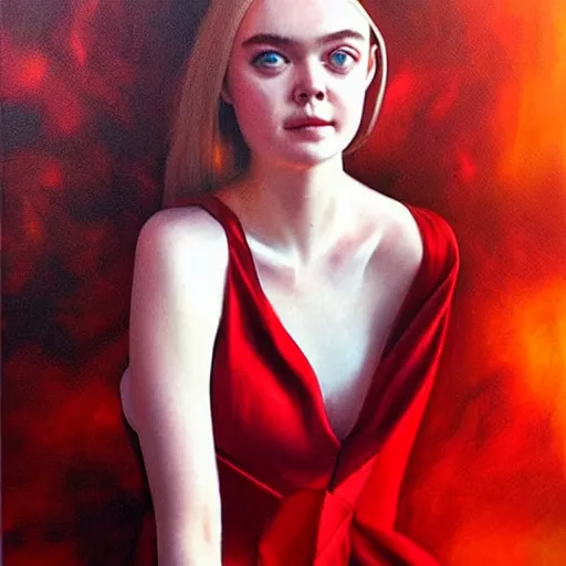 Image similar to a striking hyper real oil painting of Elle Fanning in a red dress with flaming hair, dark starlit background,
