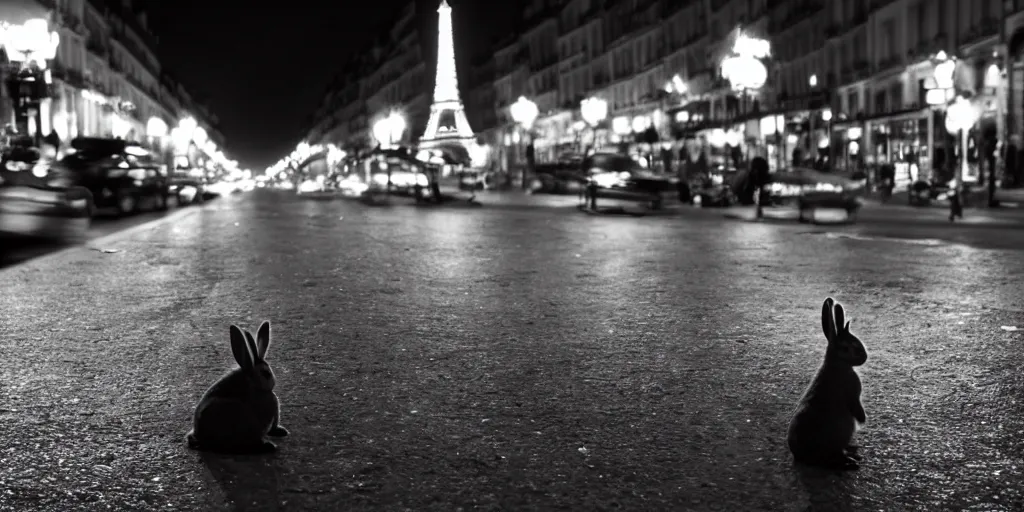 Image similar to a rabbit sitting outside a cafe in paris at night, the eiffel tower is visible in the background, black and white photograph