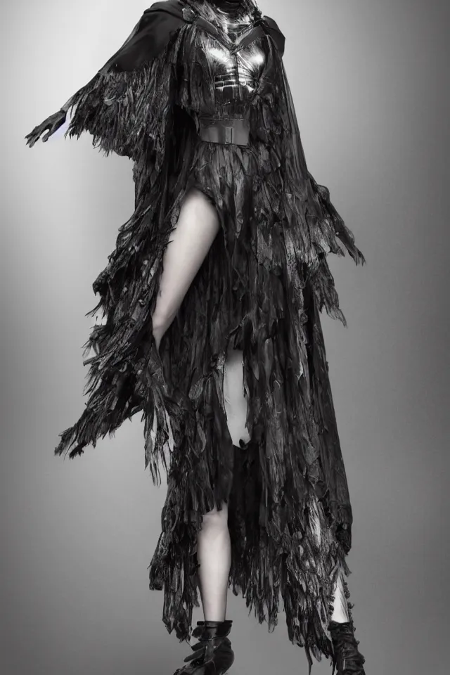 Image similar to realistic render, digital fashion, beautiful witch-woman in tactical poncho designed by alexander mcqueen and acronym, rim light, high key, ultra detailed, hyperdetailed, dark backdrop