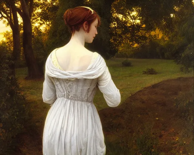 Prompt: beautiful pre - raphaelite painting of woman from the back, alone in a park, trending on artstation,