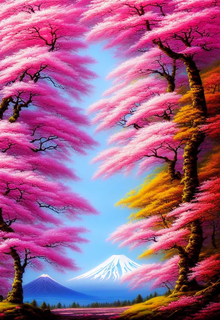 Prompt: a real photographic landscape painting with incomparable reality, wide angle, in forest, flowers, cherry blossom tree in full bloom, bright style, mount fuji, clearing, john howe, magnificent, artstation