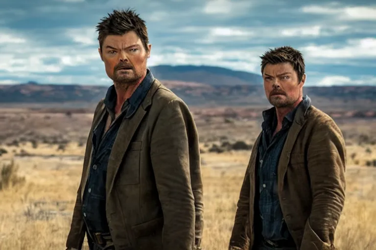 Image similar to a film still of Karl urban in logan, high quality