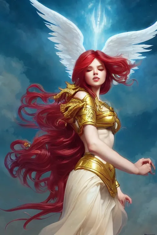 Image similar to beautiful angel princess flying in the sky, full body shot, red hair, d & d, fantasy, intricate, elegant, golden inlays, highly detailed, digital painting, artstation, concept art, matte, sharp focus, illustration, hearthstone, art by artgerm and greg rutkowski and alphonse mucha