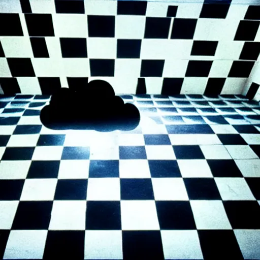 Image similar to 3 5 mm film photography by stanley kubrick, award winnin photo of an old room with checker floor and with a singular cloud floating inside it