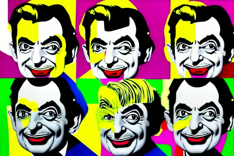 Image similar to portrait cute mr bean grey goblins by roy lichtenstein, by andy warhol, ben - day dots, pop art, bladerunner, pixiv contest winner, cyberpunk style, vivid color scheme, hd, intricate detail, fine detail, 8 k