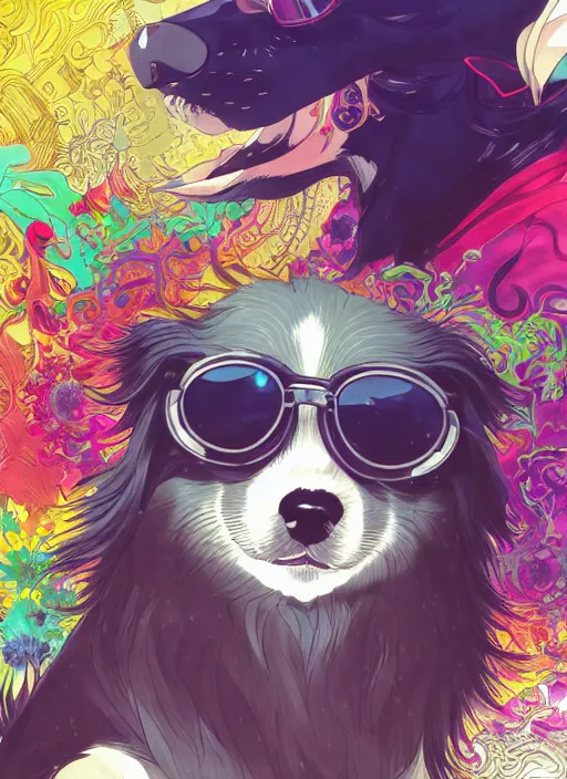 Prompt: maximalist joyful black tibetan spaniel, sunglasses, pixiv fanbox, makoto shinkai takashi takeuchi studio ghibli, akihiko yoshida, yoshitaka amano, wangechi mutu, clean cel shaded vector art. shutterstock. behance hd by lois van baarle, artgerm, helen huang, rossdraws, illustration