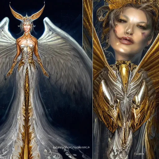 Image similar to a beautiful angel with 3 heads wearing a silver armor with golden ornaments and diamonds jewelry, wings by alex gray and android jones, karol bak, ayami kojima, amano, concept art, character design, fantasy, 3 d, 8 k resolution