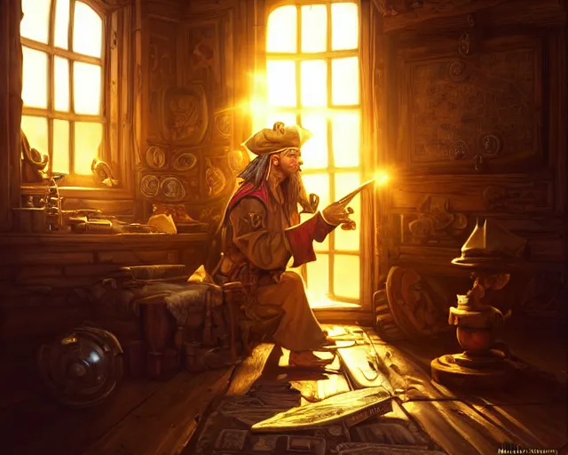 Prompt: an old pirate writing on a treasure map, light coming through window, golden hour, interior, ship, nautical, deep focus, d & d, fantasy, intricate, elegant, highly detailed, digital painting, artstation, concept art, matte, sharp focus, illustration, hearthstone, art by artgerm and greg rutkowski and alphonse mucha