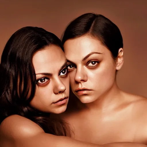 Prompt: Selfie photograph of Mila Kunis and Mila Kunis, light makeup, golden hour, 8k, photographed by Erwin olaf