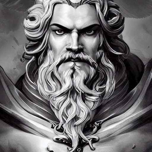 Image similar to portrait of zeus, baroque style, elegant, beautiful, mesmerizing, concept art, fancy clothing, highly detailed, artstation, behance, deviantart, inspired by innocent manga, inspired by castlevania concept art, trending, ayami kojima, shinichi sakamoto