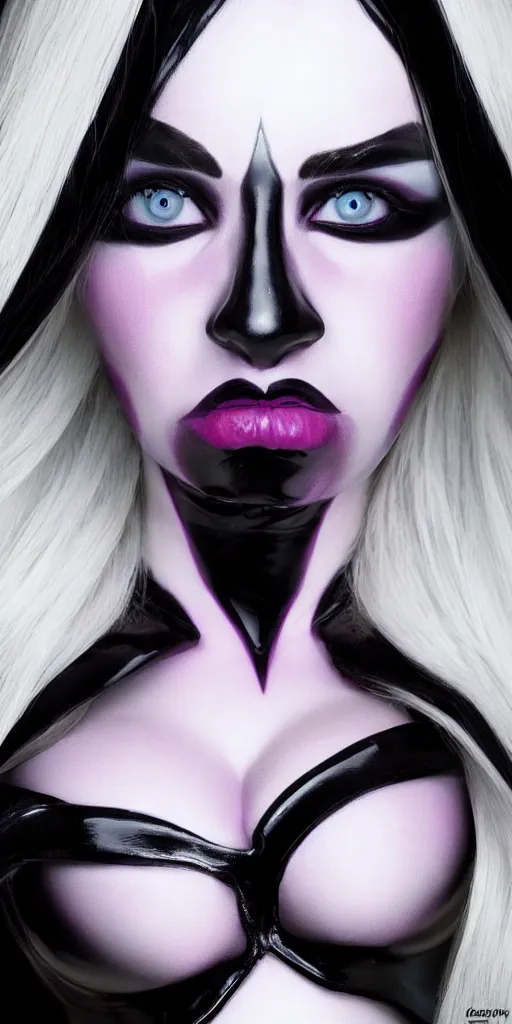 Prompt: drow woman with beautiful eyes, symmetrical face, and a latex top