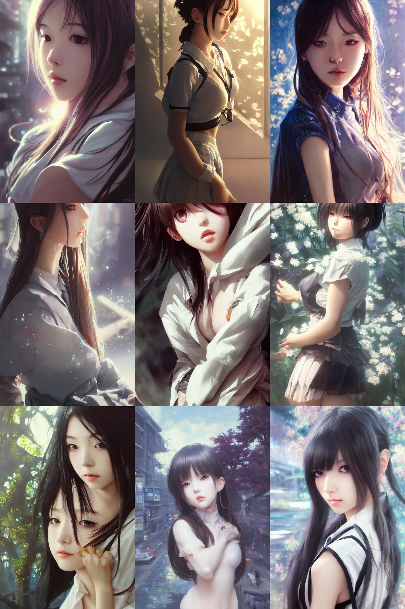 Prompt: ultra realistic beautiful shibuya techno art, beautiful alluring anime schoolgirl, gorgeous face and figure, sci - fi, intricate, elegant, highly detailed, digital painting, artstation, concept art, smooth, sharp focus, illustration, beautiful sunlight and shadows, art by tian zi and yuxiang chen and alphonse mucha and greg rutkowski and wlop