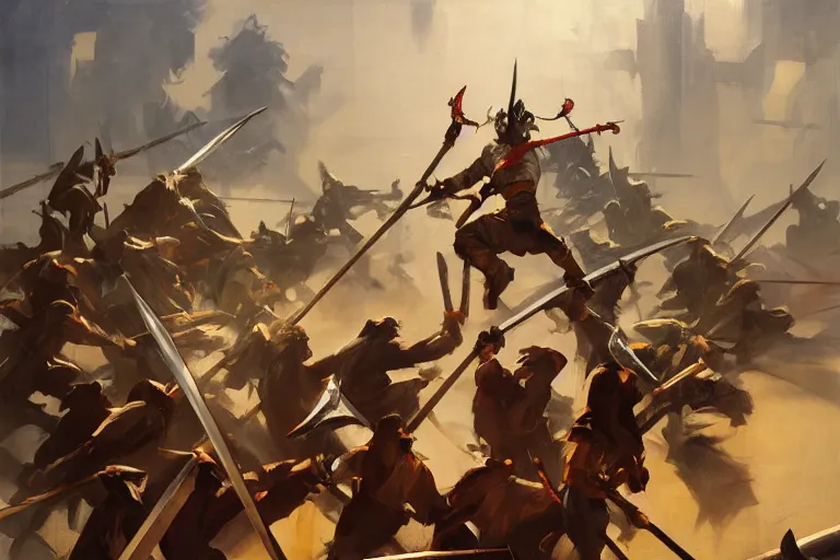 Image similar to greg manchess painting of a pile of swords in the middle of an arena, profile picture, organic painting, sunny day, matte painting, bold shapes, hard edges, street art, trending on artstation, by huang guangjian, gil elvgren, ruan jia, randy vargas, greg rutkowski