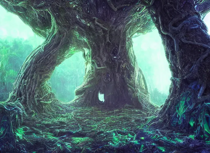 Prompt: portal inside of a humongous tree on a luminescent crystalline alien biome, spooky, intricate details, fantasy, hyper realism, art, smooth, beautiful art, masterpiece, landscape, cinematic, wet reflections, ray tracing x, rtx, smooth