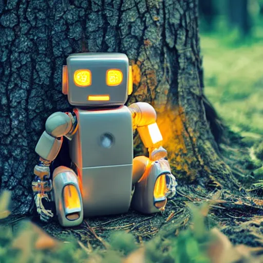 Image similar to translucent robot sitting by a fire in the woods at night, whimsical, award winning photograph, sigma 8 5 mm f / 8, hyper - realistic