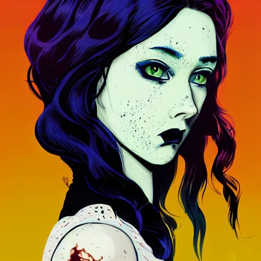 Prompt: Highly detailed portrait of pretty punk zombie young lady with, freckles and beautiful hair by Atey Ghailan, by Loish, by Bryan Lee O'Malley, by Cliff Chiang, inspired by image comics, inspired by graphic novel cover art, inspired by izombie !! Gradient blue and yellow color scheme ((grafitti tag brick wall background)), trending on artstation