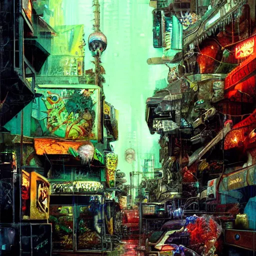 Prompt: detailed painting of a cyberpunk street with a fish tank, celestial ephemeral ornaments and hr giger architecture, artstation, dave mckean, cinematic