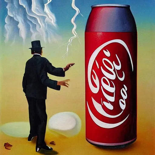 Prompt: a surrealist painting of a mentos man in a rainstorm of coca cola