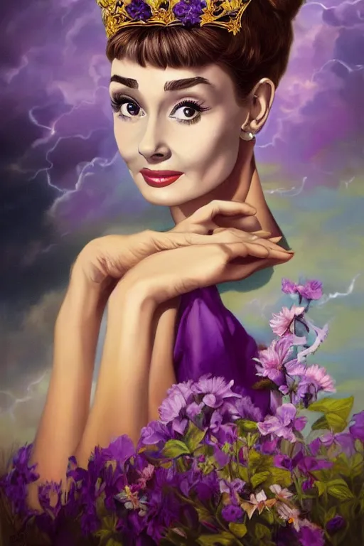 Image similar to closeup portrait fine art photo of the beauty audrey hepburn, perfect eyes, she has a crown of stunning flowers and dress of purple and gold satin and gemstones, background full of stormy clouds, by peter mohrbacher