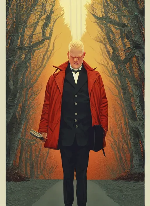 Prompt: poster artwork by Michael Whelan and Tomer Hanuka, Karol Bak of Jim Gaffigan hitman in peacoat from scene from Twin Peaks, clean, simple nostalgic, domestic