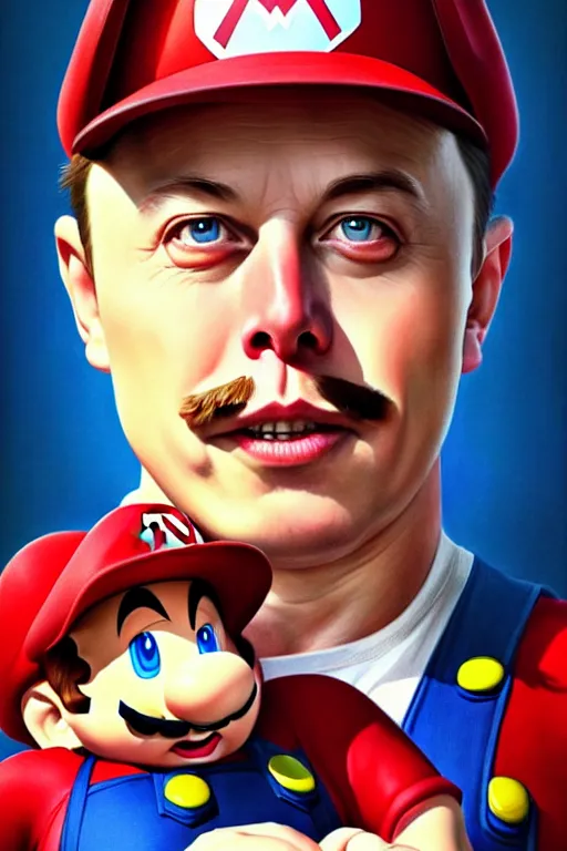 Image similar to elon musk as mario from the super mario bros, realistic portrait, symmetrical, highly detailed, digital painting, artstation, concept art, smooth, sharp focus, illustration, cinematic lighting, art by artgerm and greg rutkowski and alphonse mucha