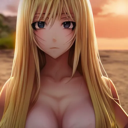 Image similar to bishamon render as a very beautiful 3d anime girl, long pure blonde hair, golden eyes, full round face, short smile, cute bikini, serene beach setting, cinematic lightning, medium shot, mid-shot, highly detailed, trending on Artstation, Unreal Engine 4k, cinematic wallpaper