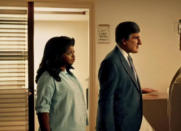 Image similar to cinematic shot of octavia spencer confronts joe manchin in a motel, in the near future, iconic scene from the paranoid thriller sci fi film directed by stanley kubrick, color theory, apartment design, leading lines, photorealistic, volumetric lighting, shot on color kodak stock