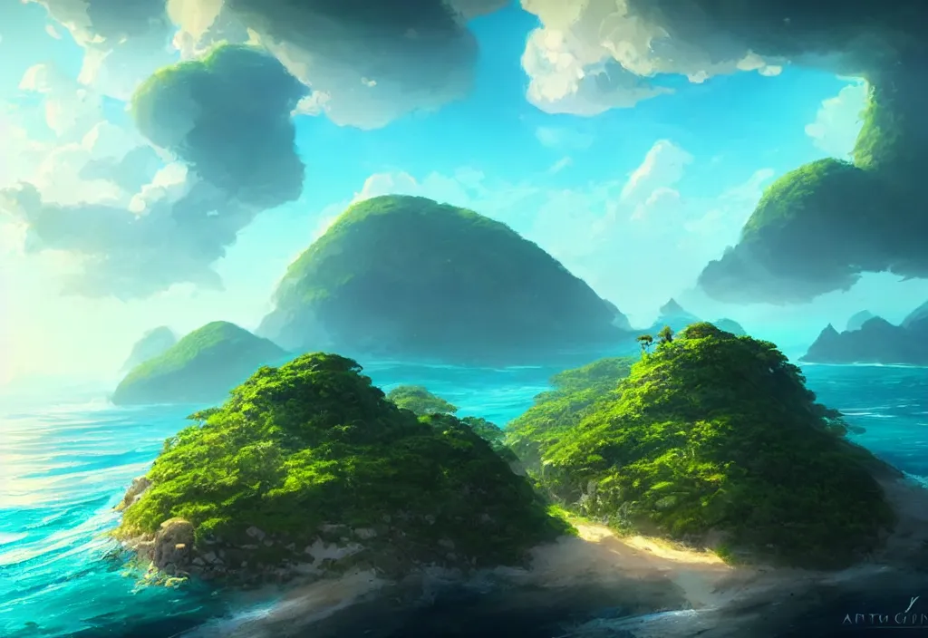 Image similar to island surrounded by ocean with a large hill covered in jungle, epic blue sky, vast ocean, cinematic view, concept art, high detail, well lit, volumetric, godrays, vivid, trending on artstation, by jordan grimmer, art greg rutkowski