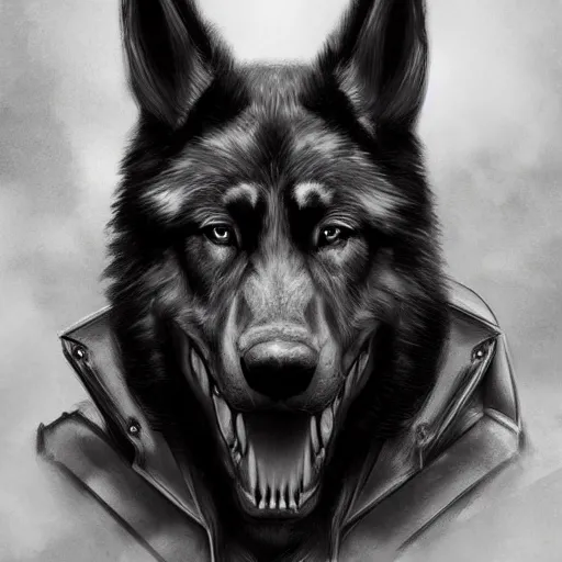 Prompt: portrait of a humanoid german shepherd beast - man in military style, highly detailed portrait, digital painting, artstation, concept art, smooth, sharp foccus ilustration, artstation hq