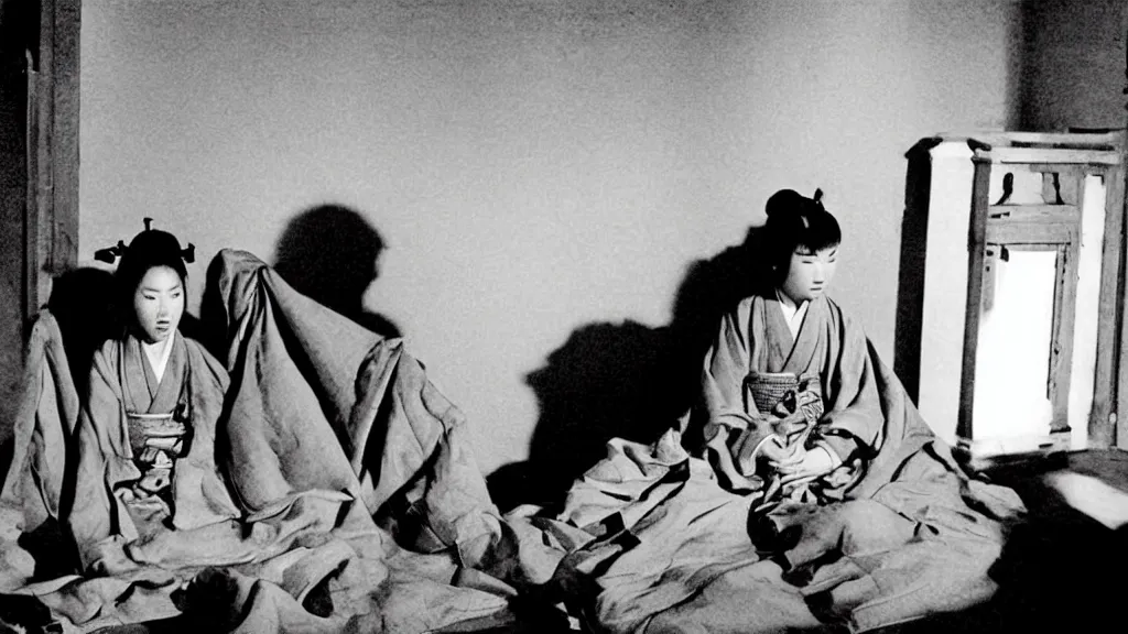 Image similar to shadow of a monstrous starfish is seen behind a woman in hanbok sitting on a couch, traditional korean interior, in. rashomon a kaiju - eiga monster movie by akira kurosawa and ishiro honda
