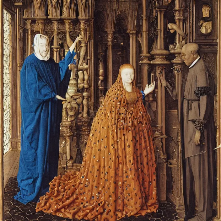 Image similar to a woman made of bubbles, standing next to a monster, by Jan van Eyck
